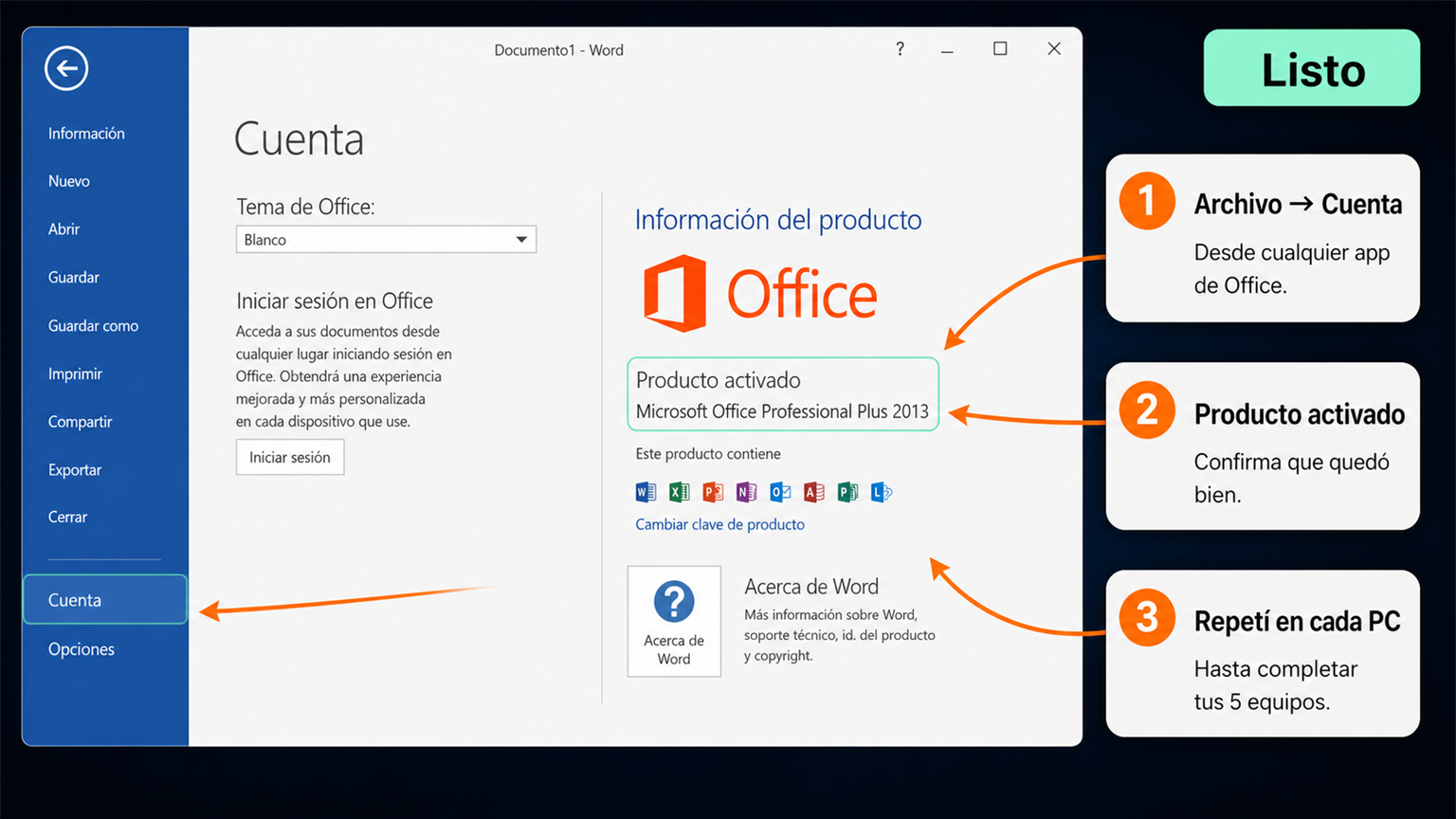 Pantalla Archivo Cuenta de Word 2013 mostrando Producto activado