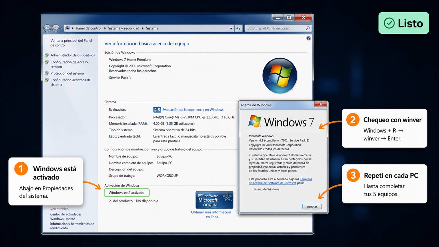 Windows 7 Home Premium activado en Propiedades del sistema