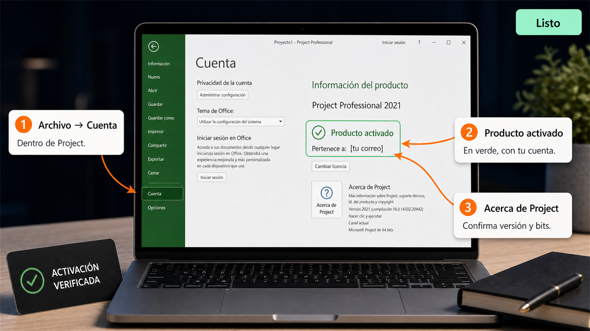 Pantalla Archivo Cuenta en Project mostrando Producto activado con la cuenta Microsoft