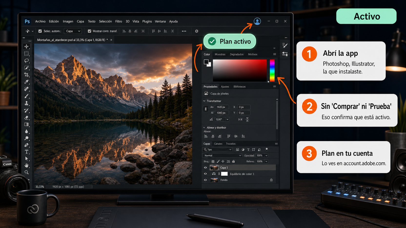 Photoshop abierto y activado tras iniciar sesión con la cuenta de Creative Cloud