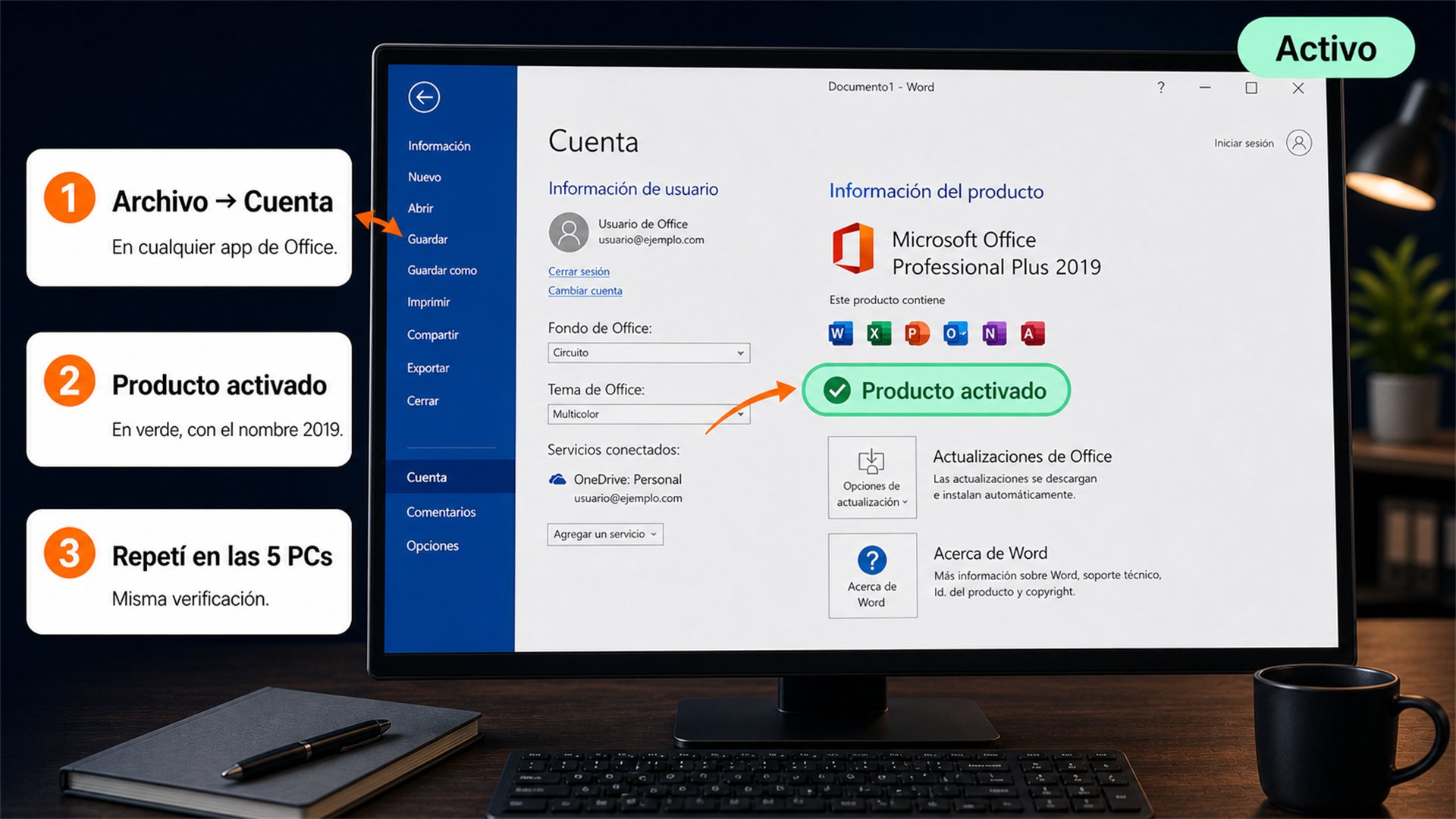 Pantalla Archivo Cuenta de Word mostrando Office Professional Plus 2019 activado