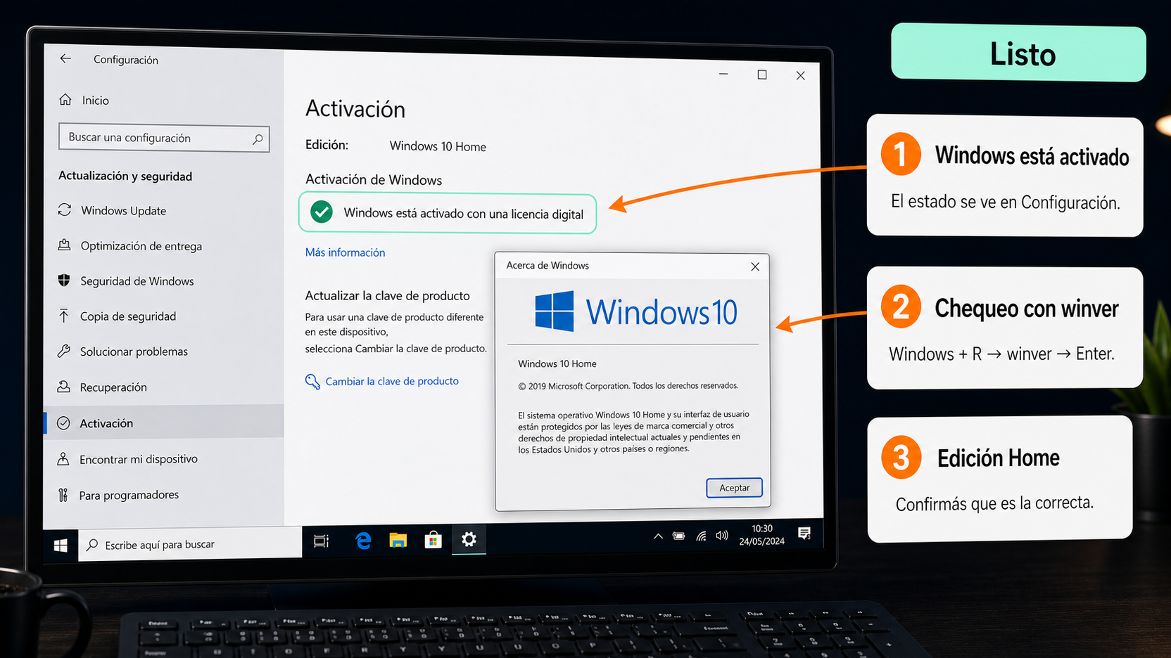 Configuración de Windows 10 mostrando Windows está activado