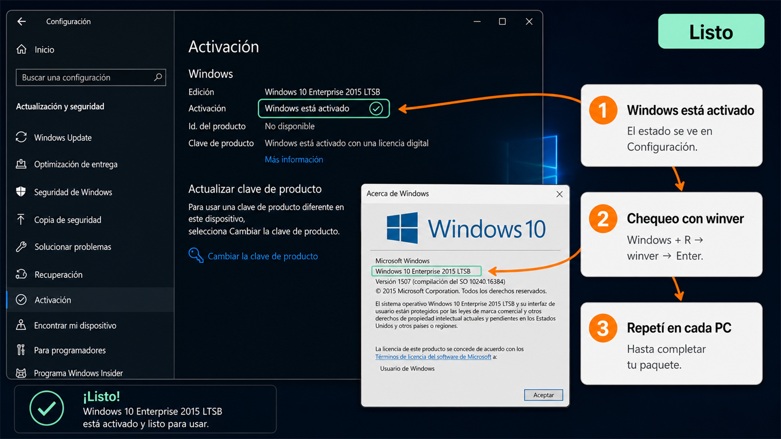 Windows 10 Enterprise LTSB 2015 activado y verificado con winver