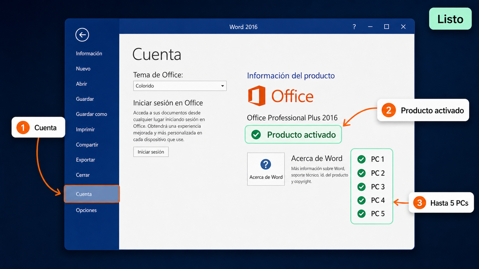 Pantalla Archivo Cuenta de Word 2016 mostrando Producto activado
