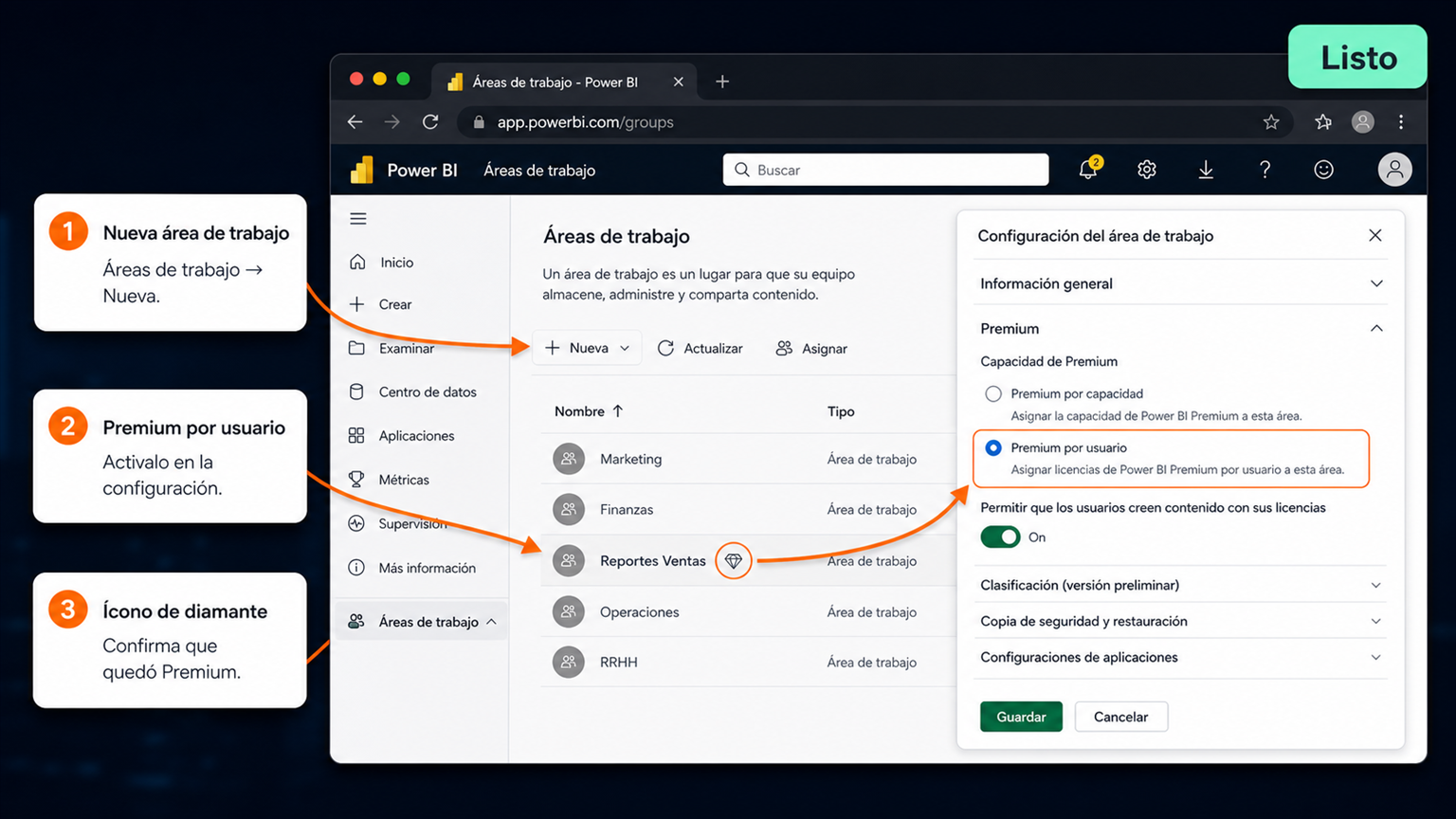Área de trabajo de Power BI marcada como Premium por usuario con el ícono de diamante