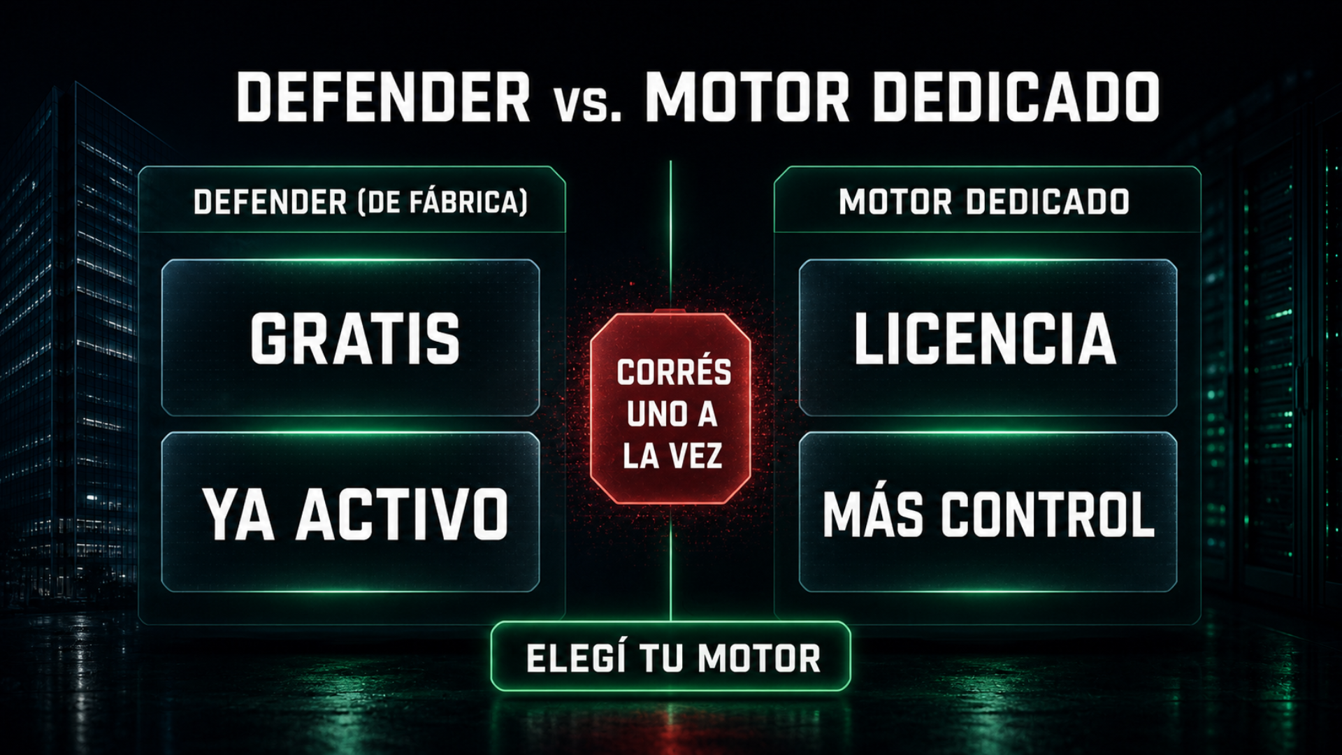 Infografía comparando el antivirus Defender de fábrica con un motor de antivirus dedicado y las capas de seguridad reales