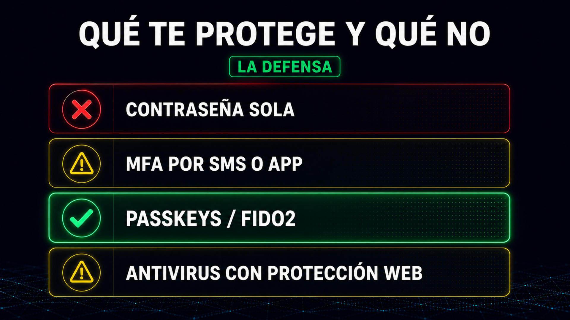 Infografía sobre qué métodos de seguridad protegen contra el phishing con IA y cuáles no