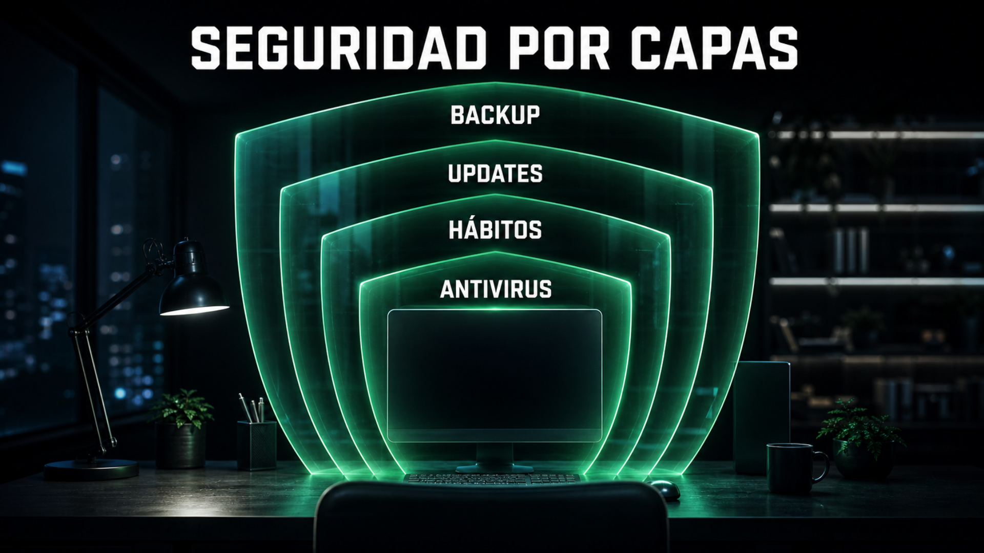 Persona reforzando la seguridad de su PC con varias capas: escudo, copia de seguridad y actualizaciones
