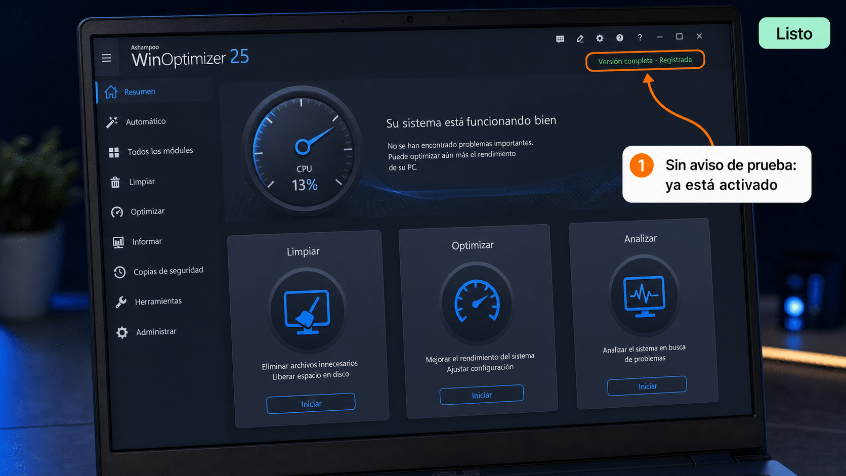 Ashampoo WinOptimizer 25 activado, con la etiqueta Versión completa Registrada