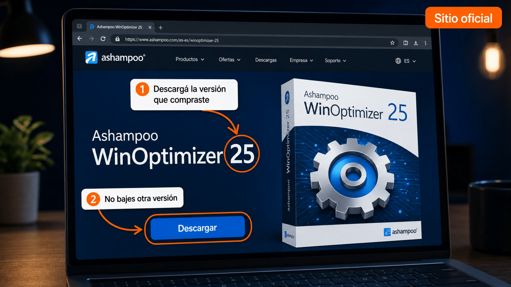 Descarga de Ashampoo WinOptimizer 25 desde el sitio oficial, con la versión destacada