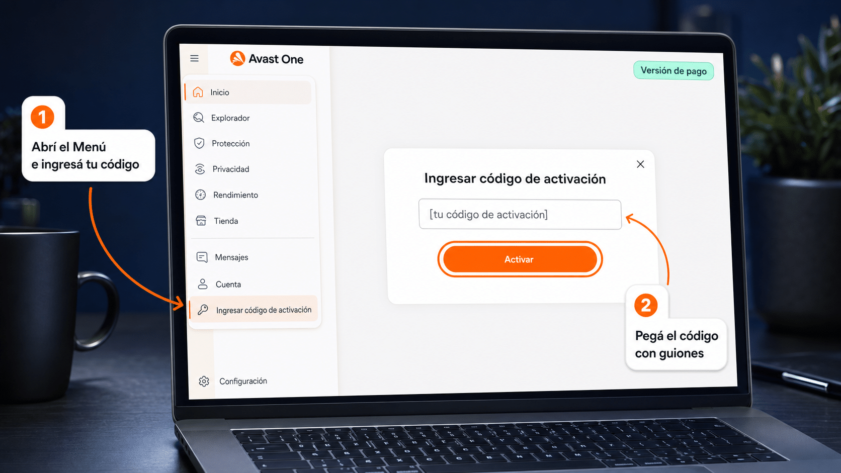 Avast One con la opción Ingresar código de activación