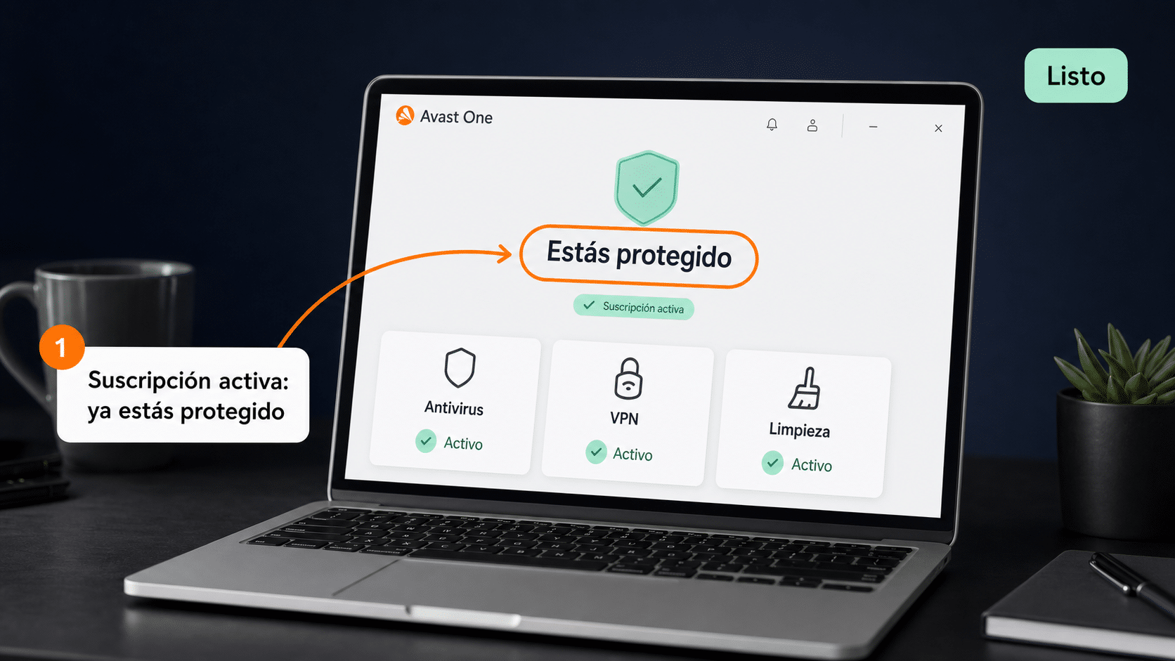Avast One con la suscripción activa y Estás protegido