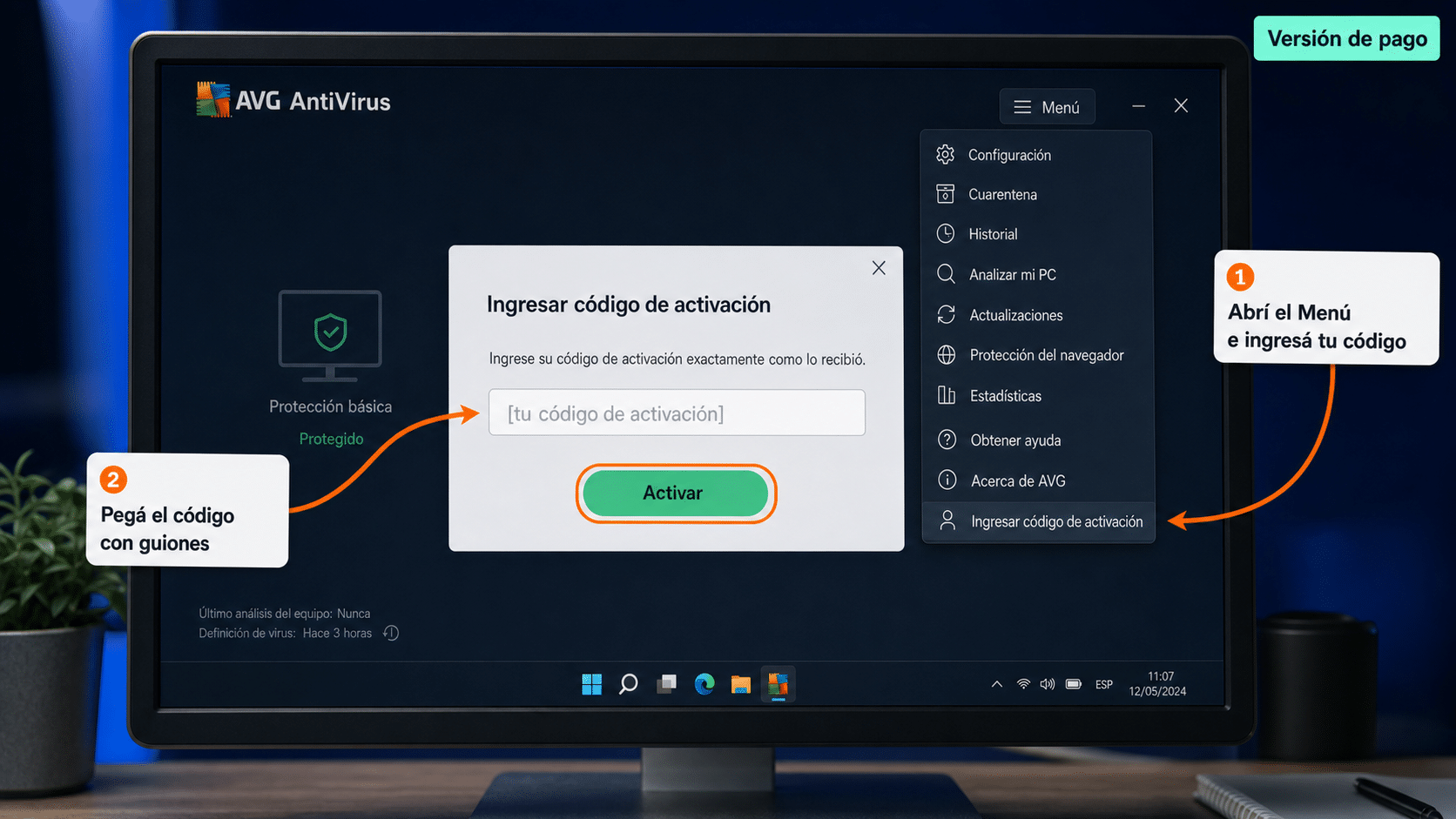Menú de AVG AntiVirus con la opción Ingresar código de activación