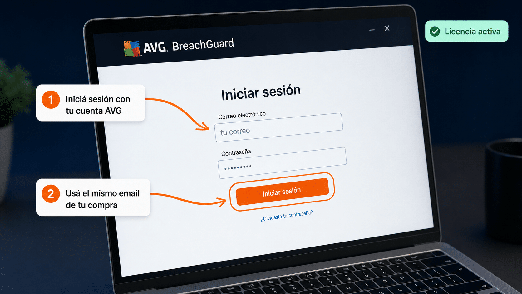 Pantalla de inicio de sesión de AVG BreachGuard con la cuenta AVG