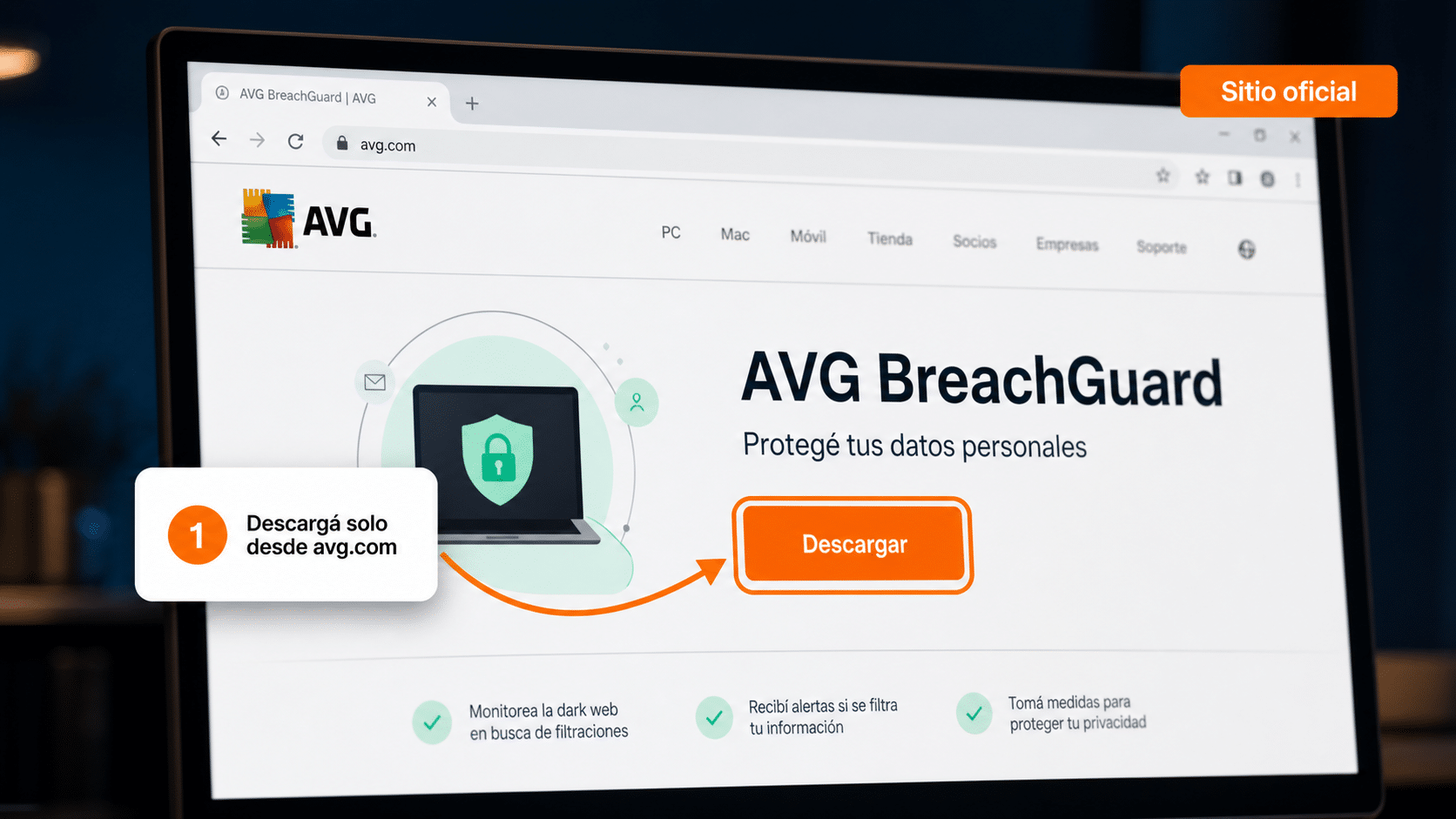 Página oficial de AVG BreachGuard en avg.com con el botón de descarga