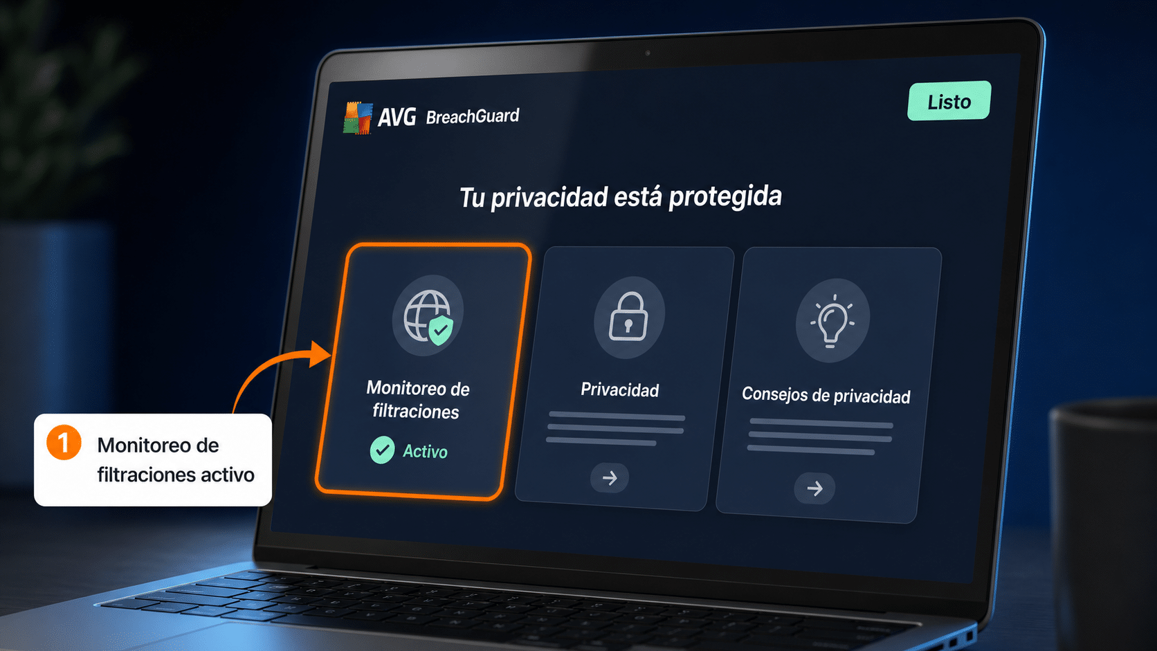 Panel de AVG BreachGuard con el monitoreo de filtraciones activo
