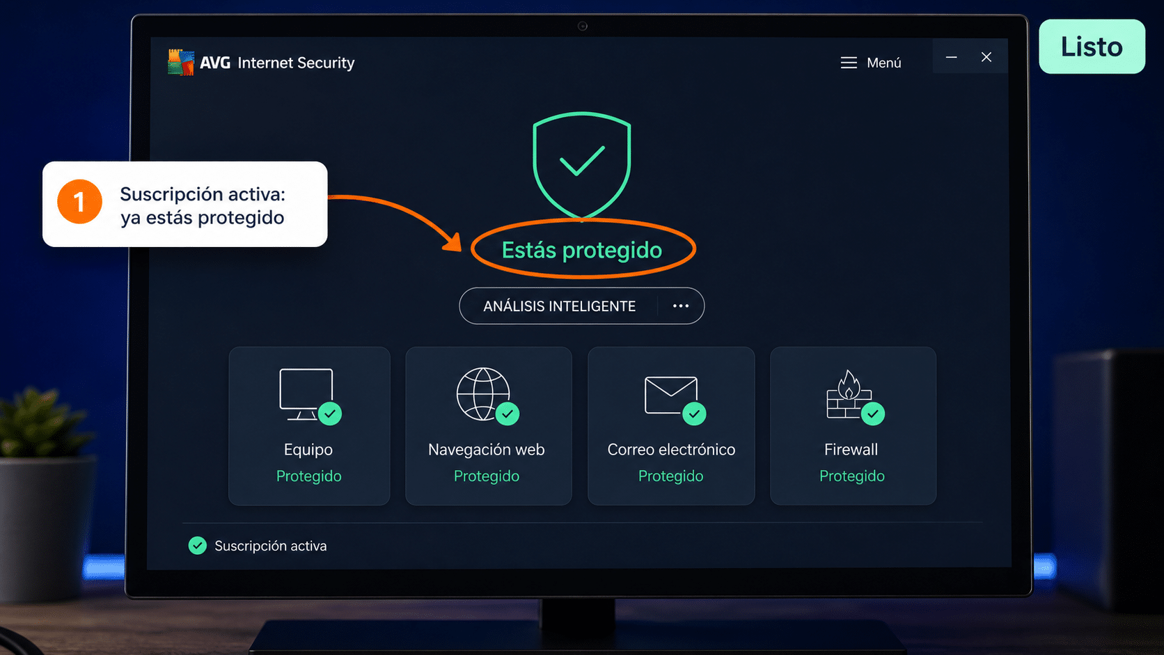 AVG Internet Security con la suscripción activa y Estás protegido