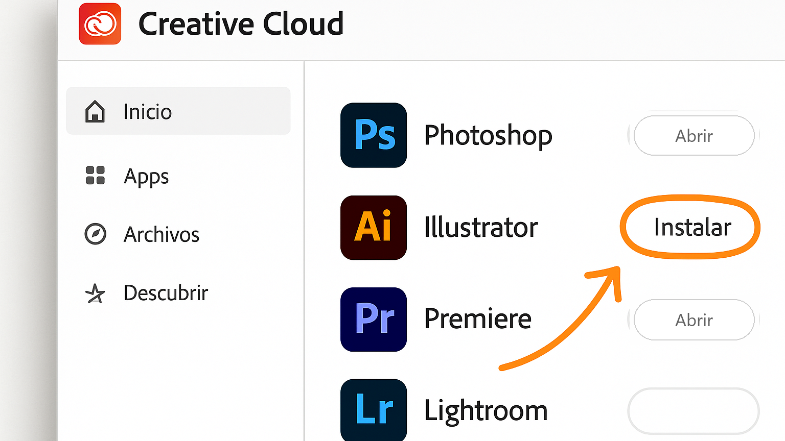 App de escritorio Creative Cloud instalando Photoshop e Illustrator