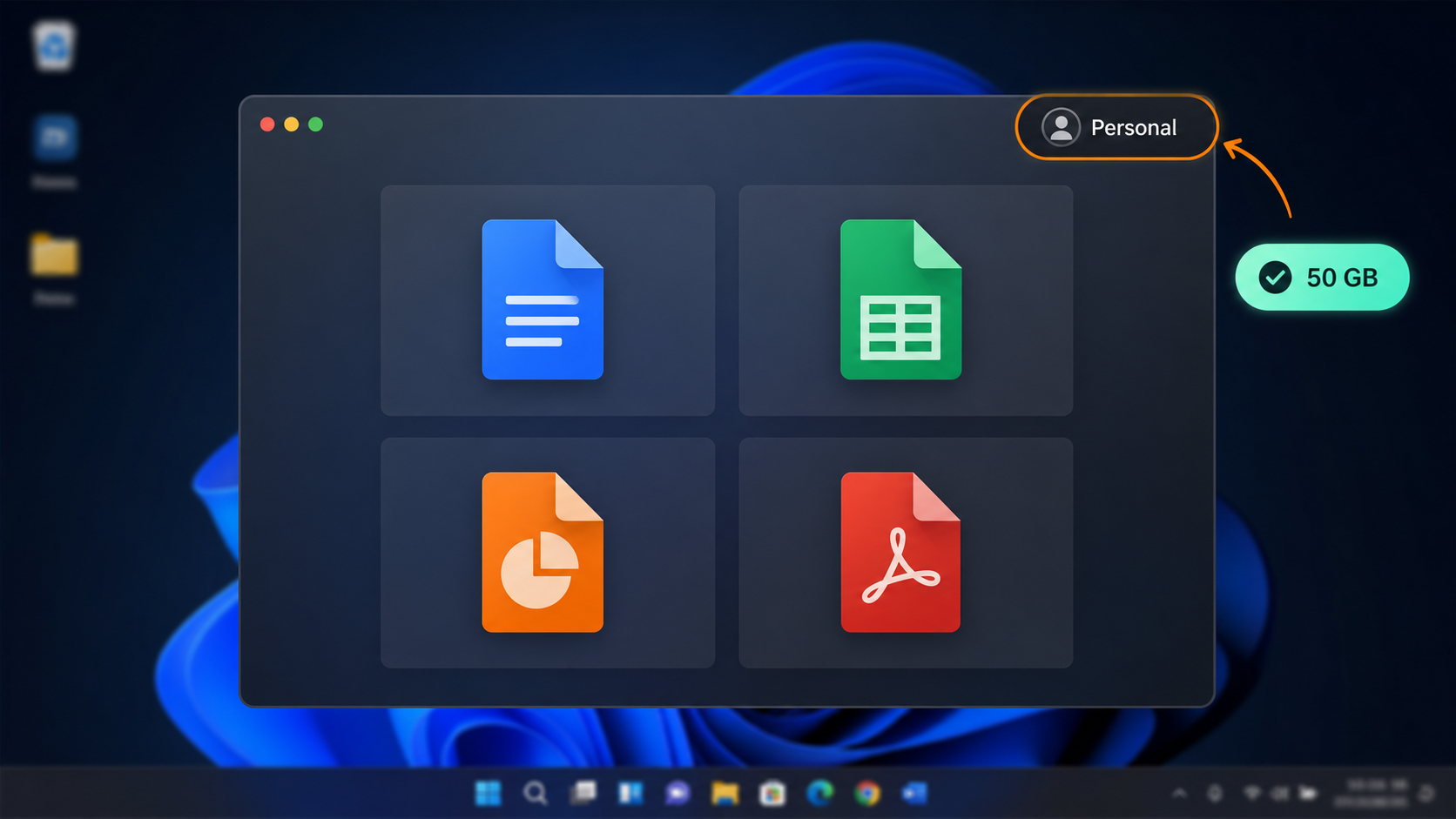 Apps de OfficeSuite activas con el plan Personal en Windows — ilustración editorial