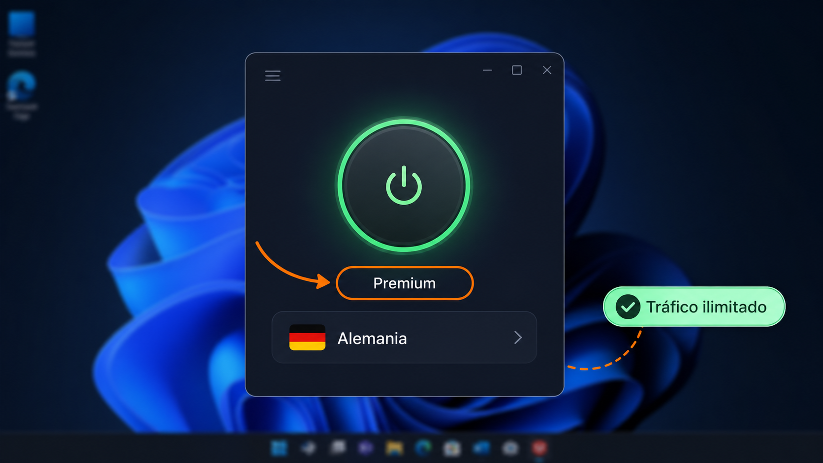 OkayFreedom VPN conectado en plan Premium con selección de país