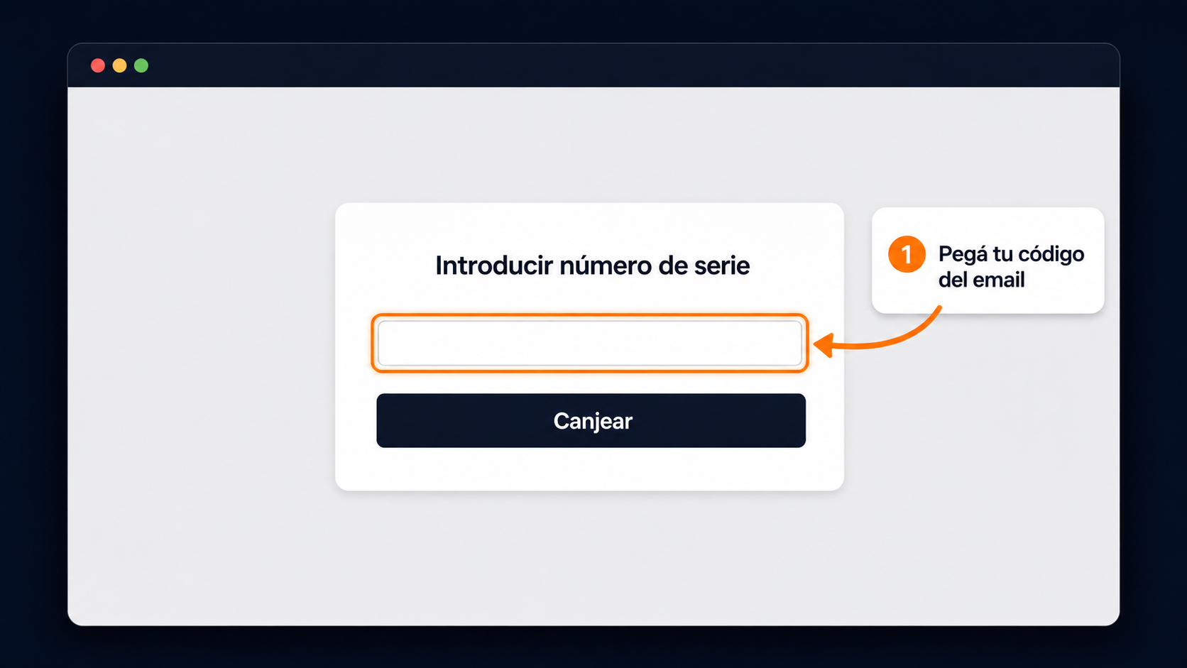 Página de canje del código Premium de OkayFreedom con el campo para el serial