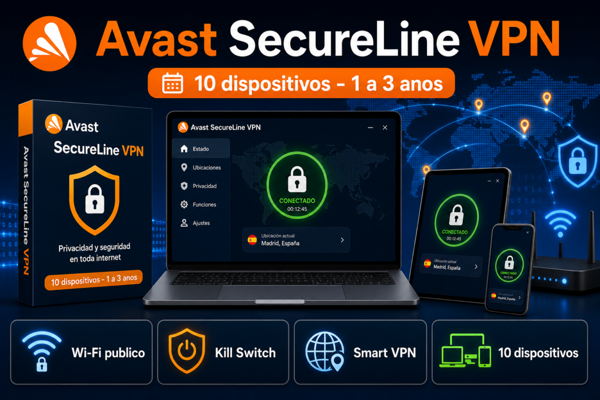 Avast SecureLine VPN para 10 dispositivos, 1 a 3 anos