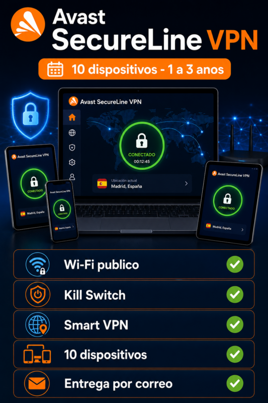 Avast SecureLine VPN para 10 dispositivos, 1 a 3 anos en formato mobile