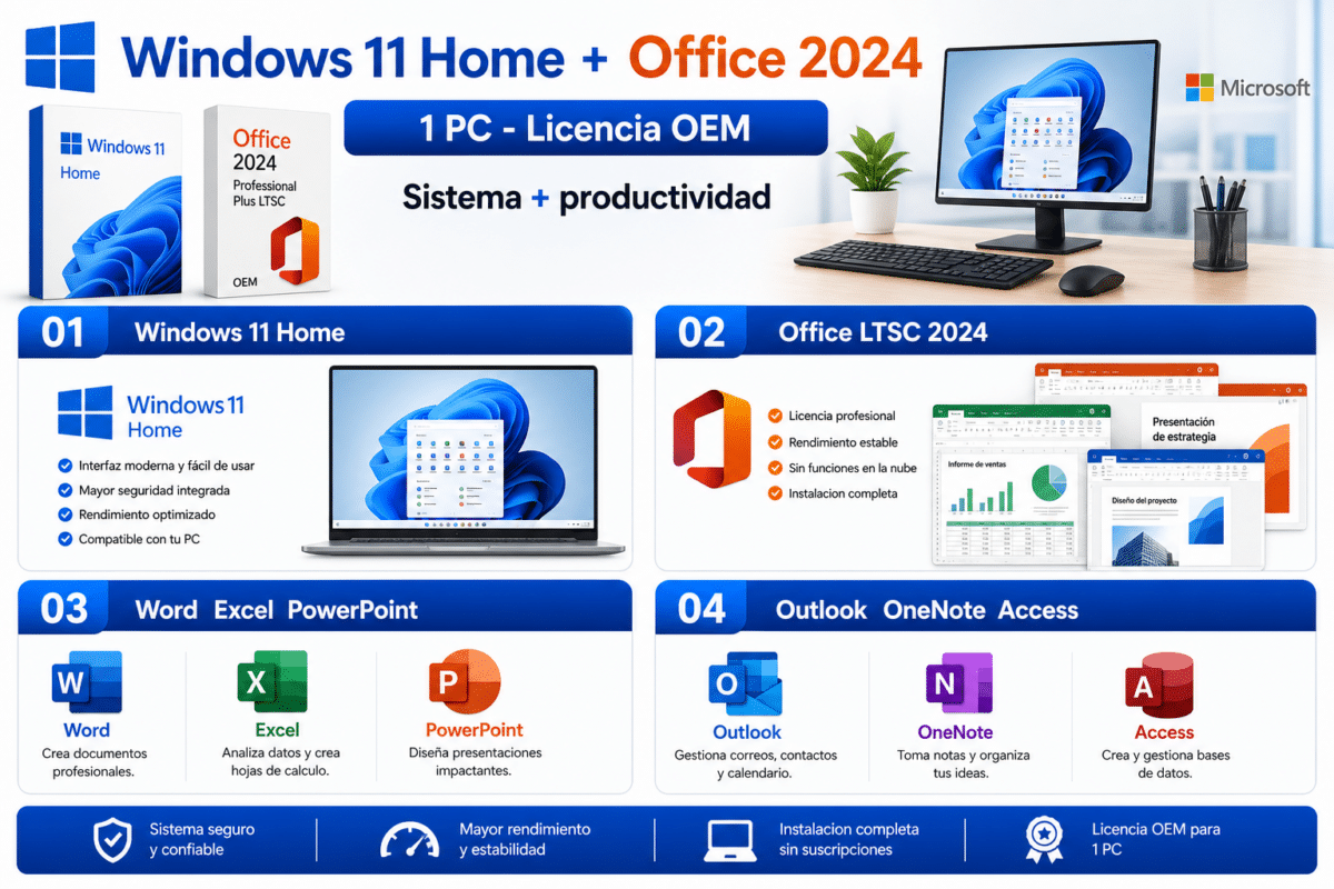 Windows 11 Home y Office 2024 - sistema y productividad