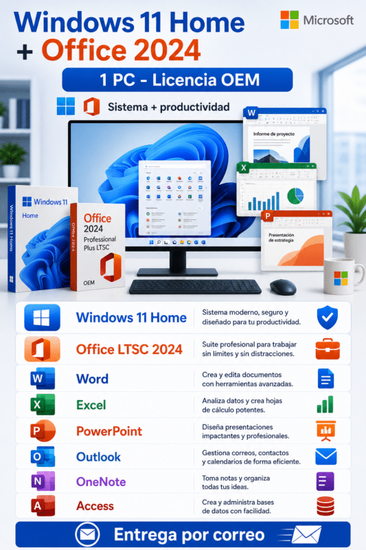 Windows 11 Home y Office 2024 - licencia OEM 1 PC