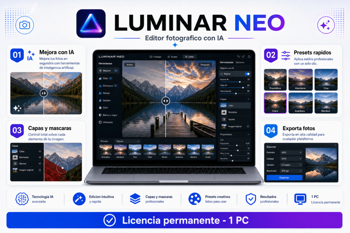 Infografia horizontal de Luminar Neo permanente para 1 PC