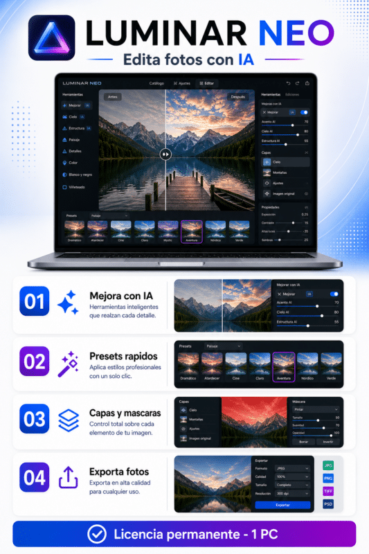 Infografia vertical de Luminar Neo permanente para 1 PC