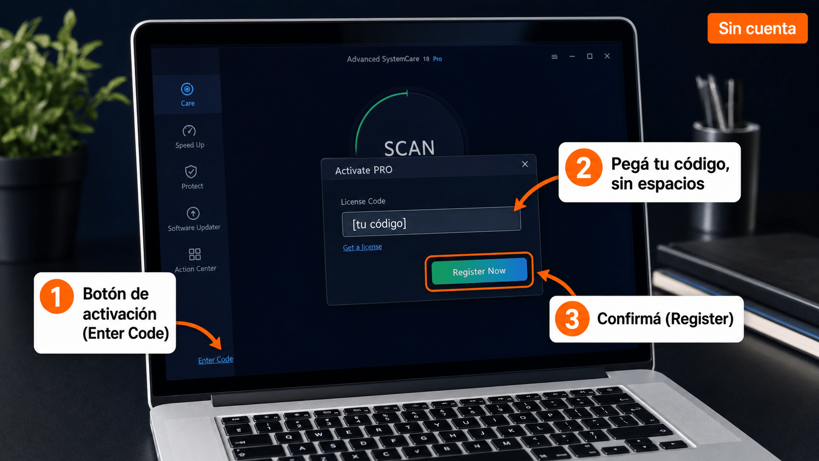 Ventana de IObit para ingresar el código de licencia y activar la versión PRO