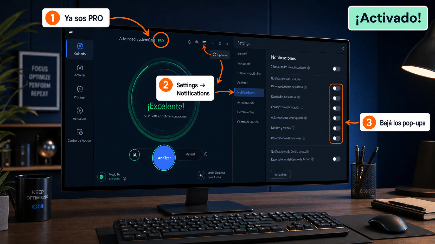 Programa IObit activado en versión PRO con las notificaciones configuradas