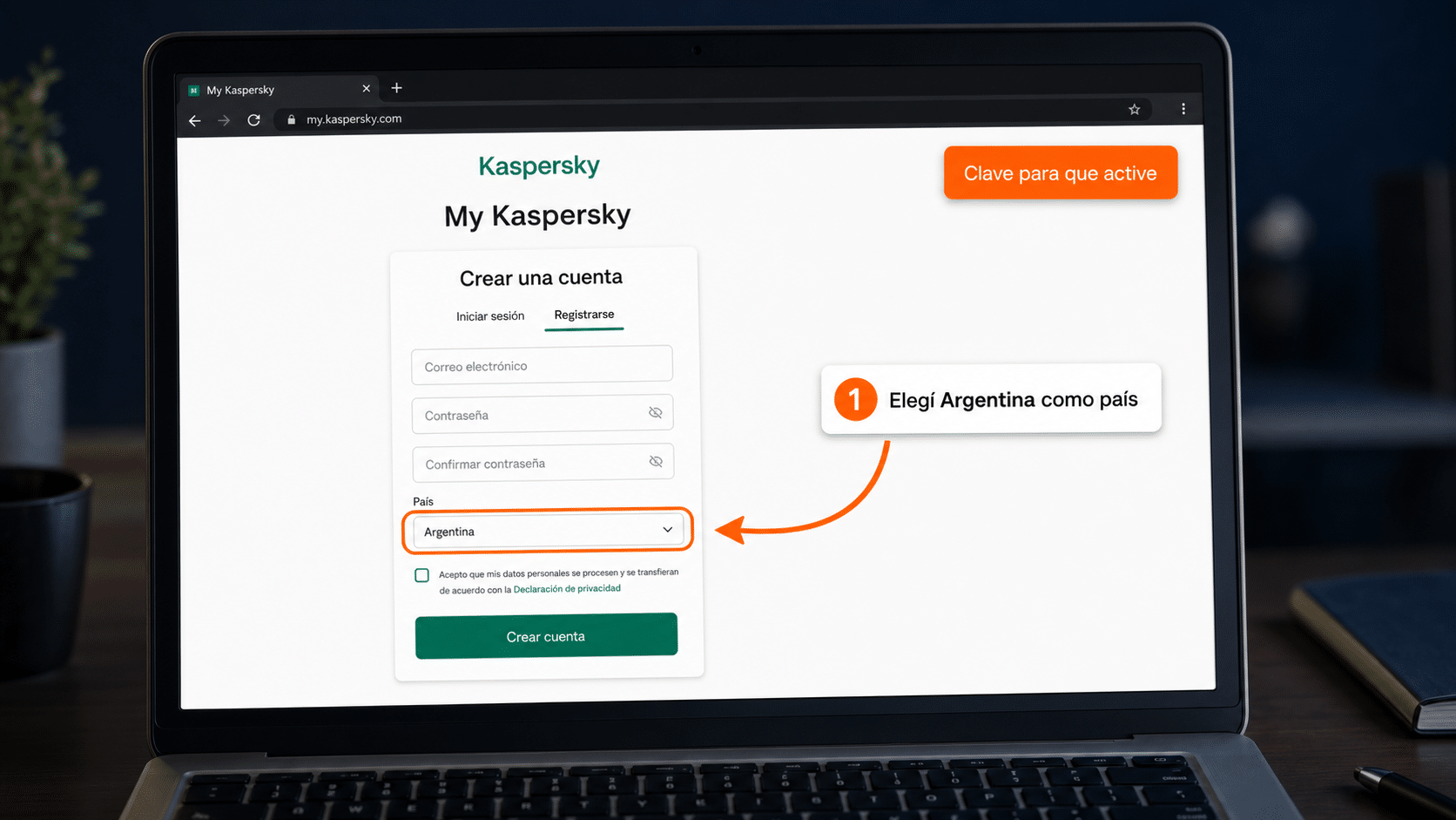 Crear la cuenta My Kaspersky eligiendo Argentina como país