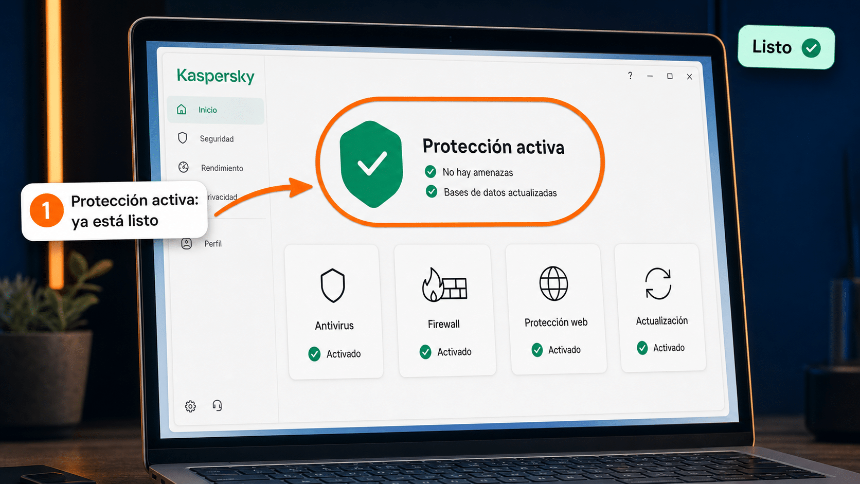 Kaspersky activado mostrando que la protección está activa