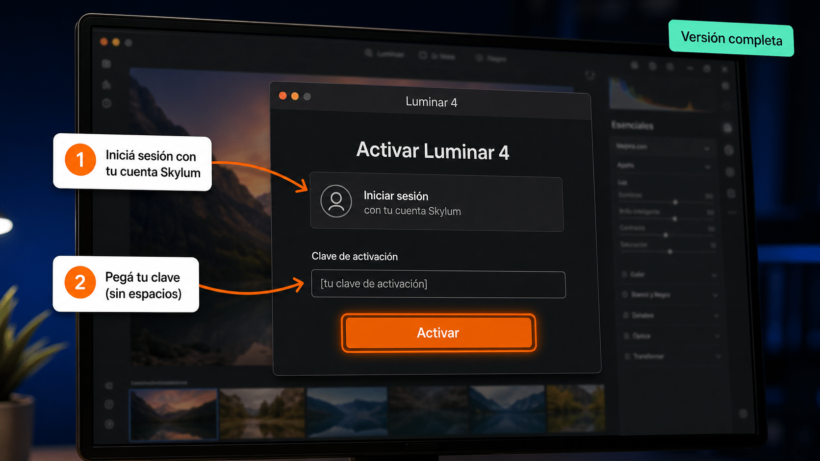 Activar Luminar 4 con tu clave Ventana de activación de Luminar 4 con la cuenta Skylum y la clave