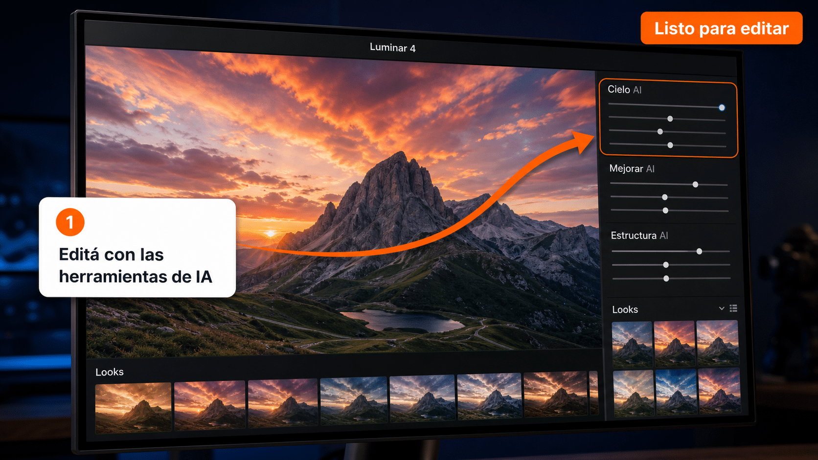 Editar fotos con Luminar 4 Editor de Luminar 4 con las herramientas de IA Cielo AI y Looks