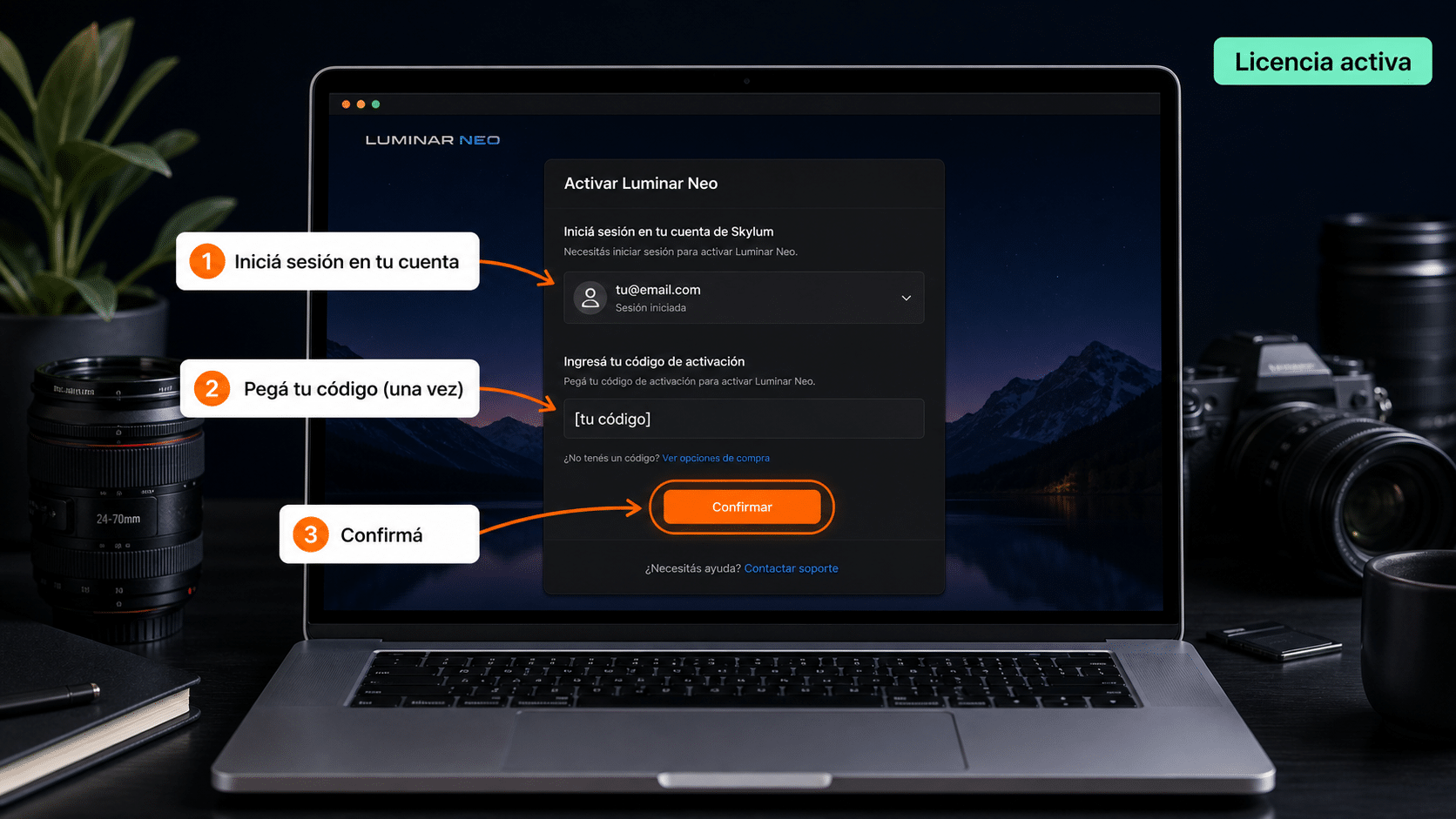 Ventana de Luminar Neo para ingresar el código de activación en la cuenta Skylum