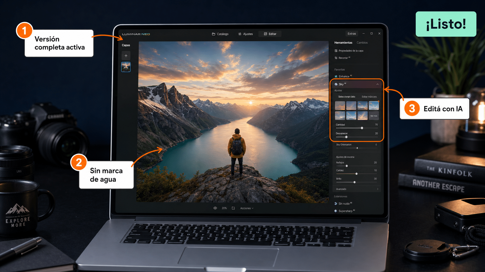 Luminar Neo abierto y activado, listo para editar fotos