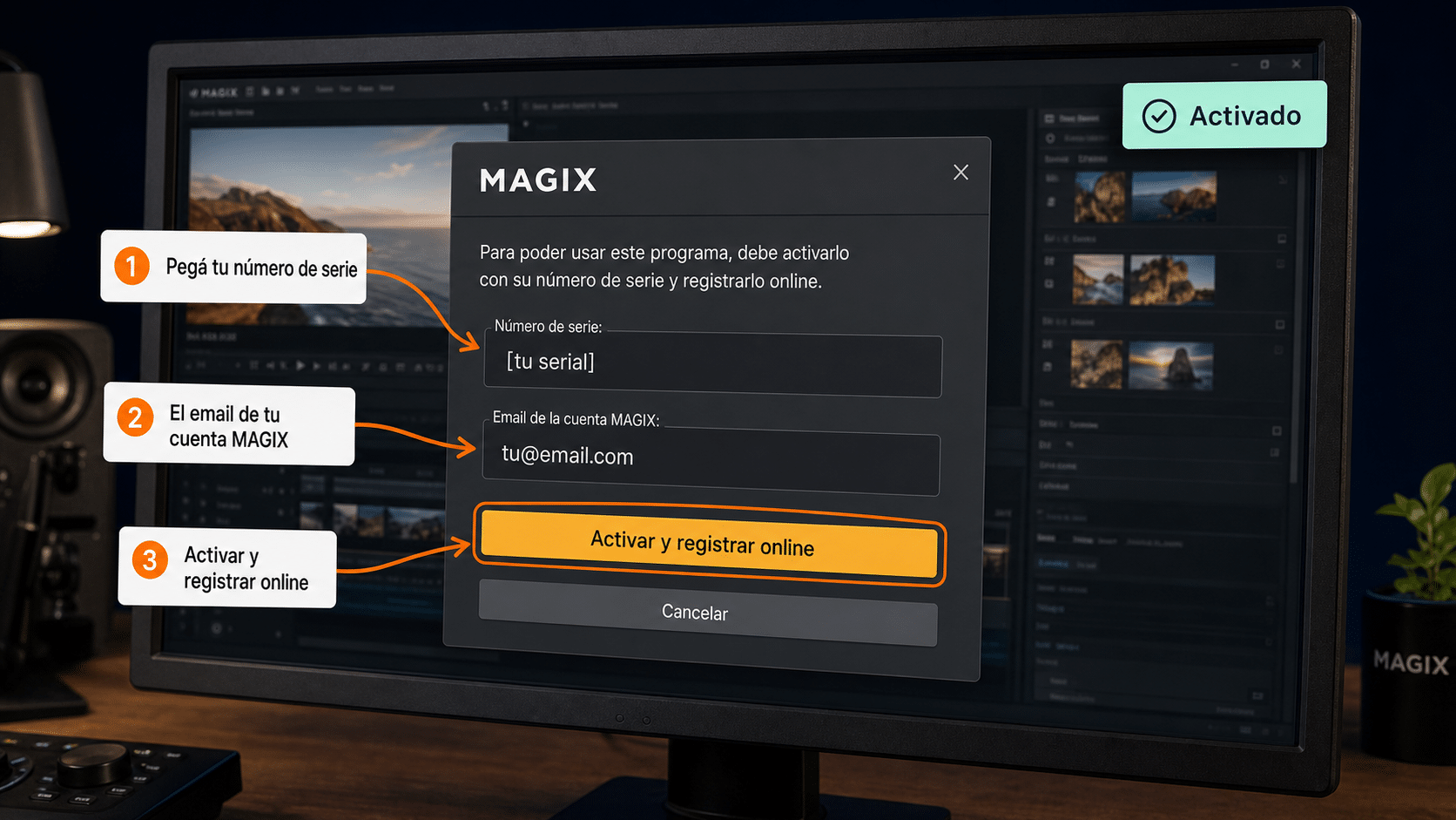Ventana de activación de MAGIX para ingresar el serial y el email de la cuenta