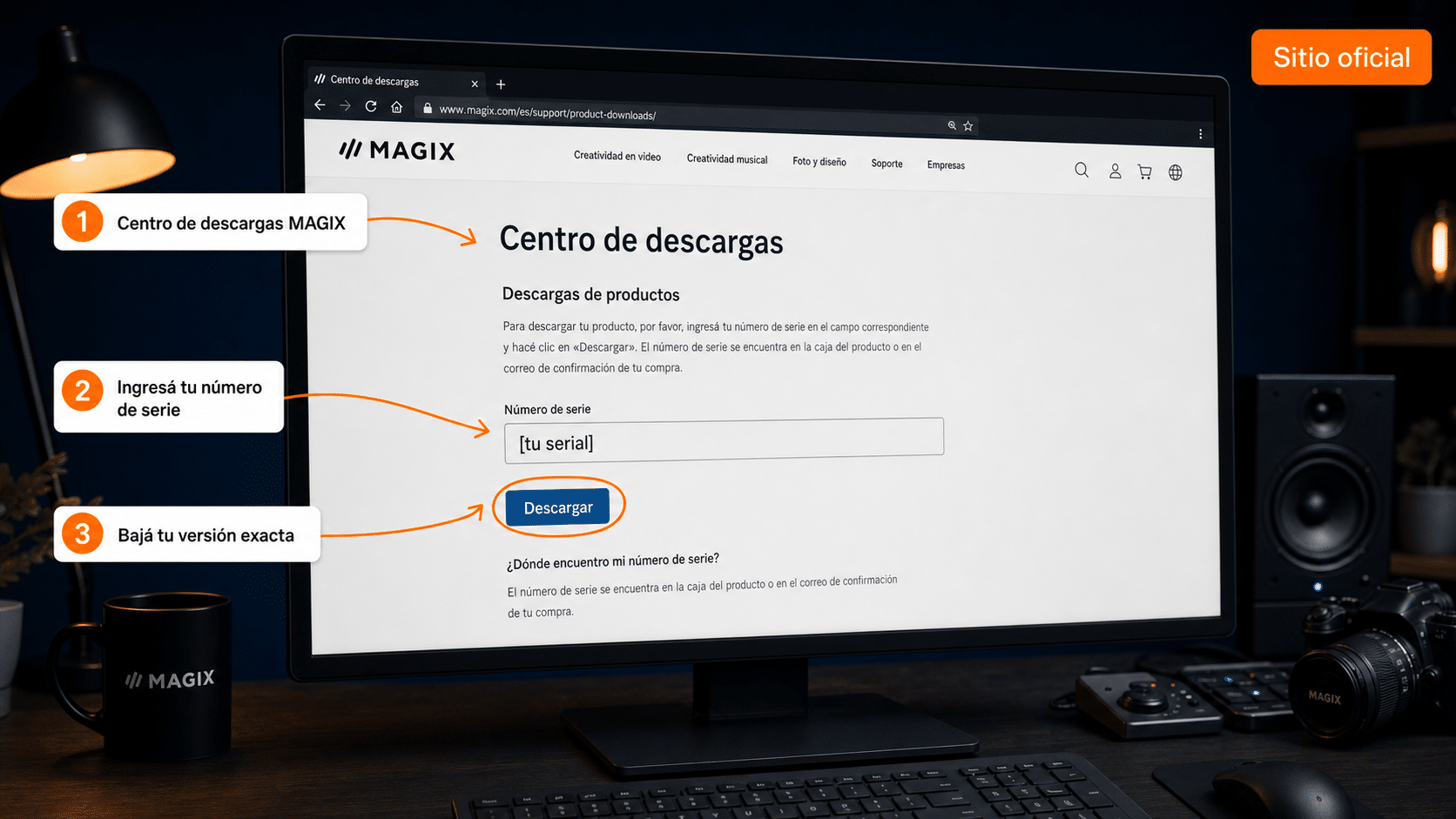 Centro de descargas de MAGIX ingresando el número de serie