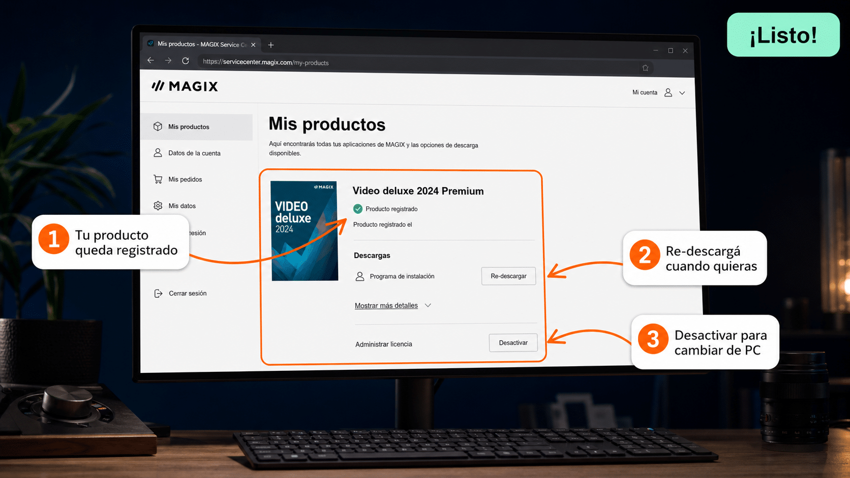 Cuenta MAGIX mostrando el producto registrado en Mis productos