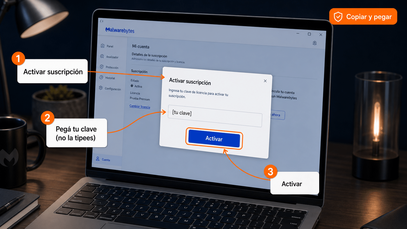 Activación de Malwarebytes pegando la clave de licencia en la cuenta