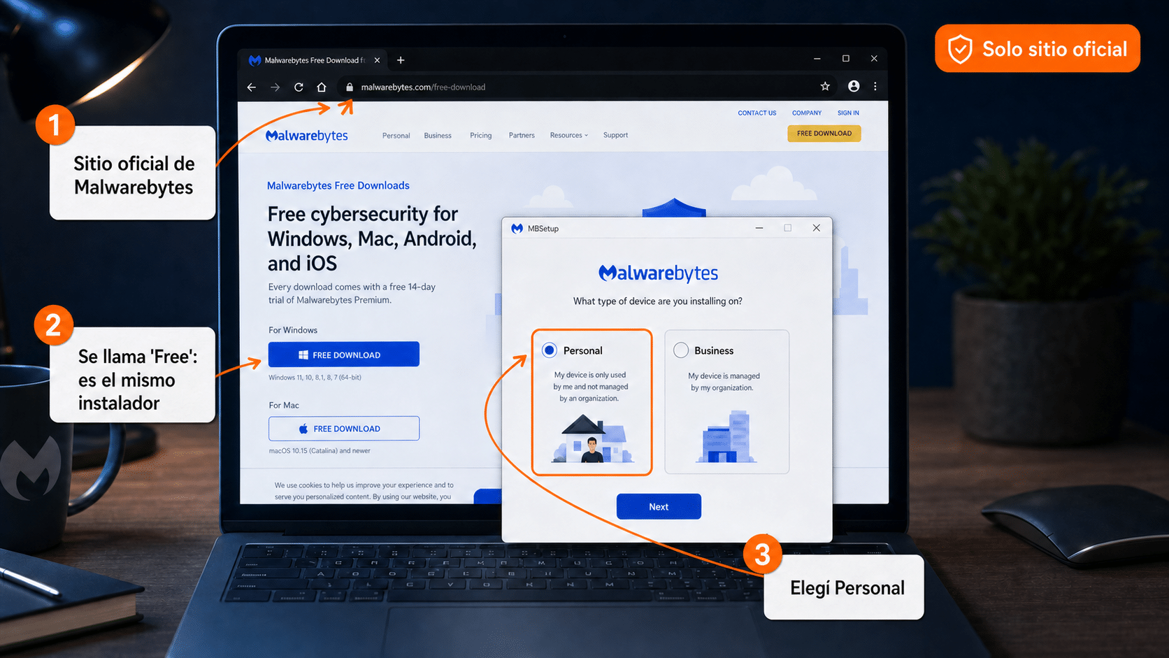 Sitio oficial de Malwarebytes para descargar el instalador MBSetup
