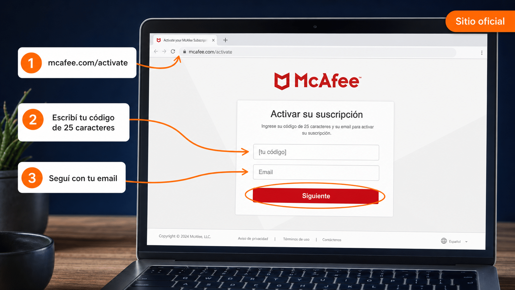 Pantalla de mcafee.com/activate para canjear el código de McAfee