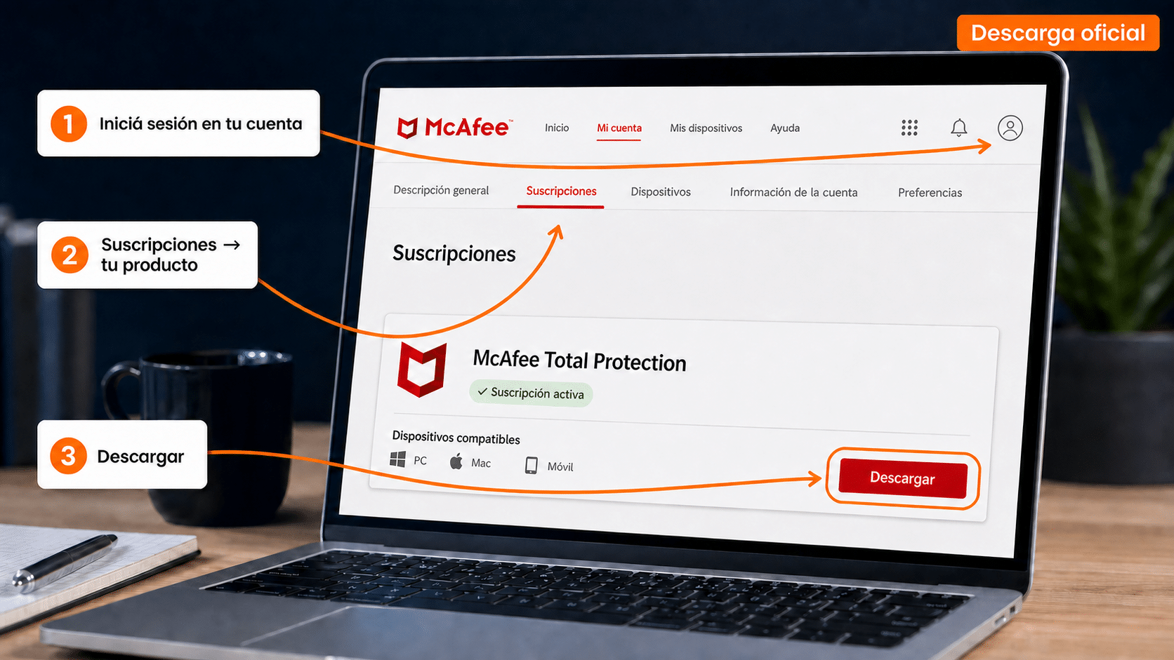 Cuenta de McAfee con el producto en Suscripciones y el botón Descargar