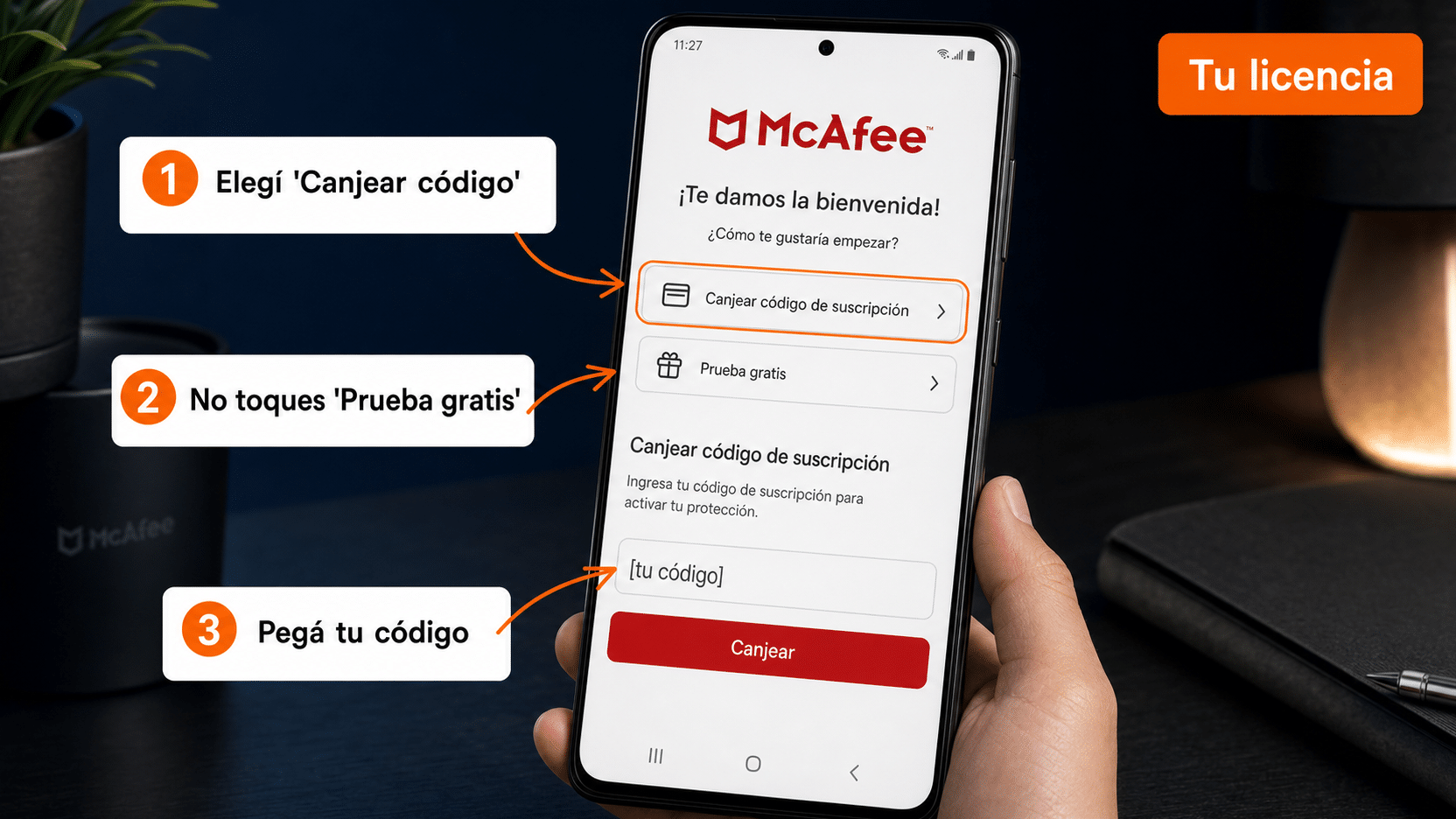 Pantalla de McAfee Security para canjear el código de suscripción en Android