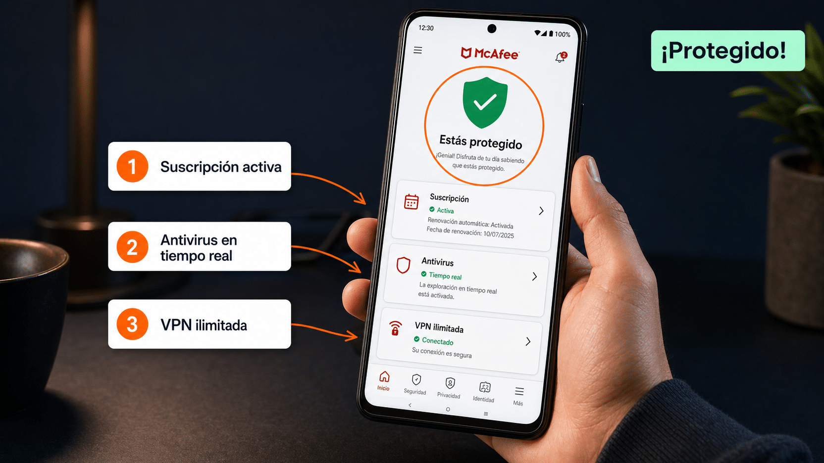 App de McAfee Security en Android mostrando la protección activa y la VPN