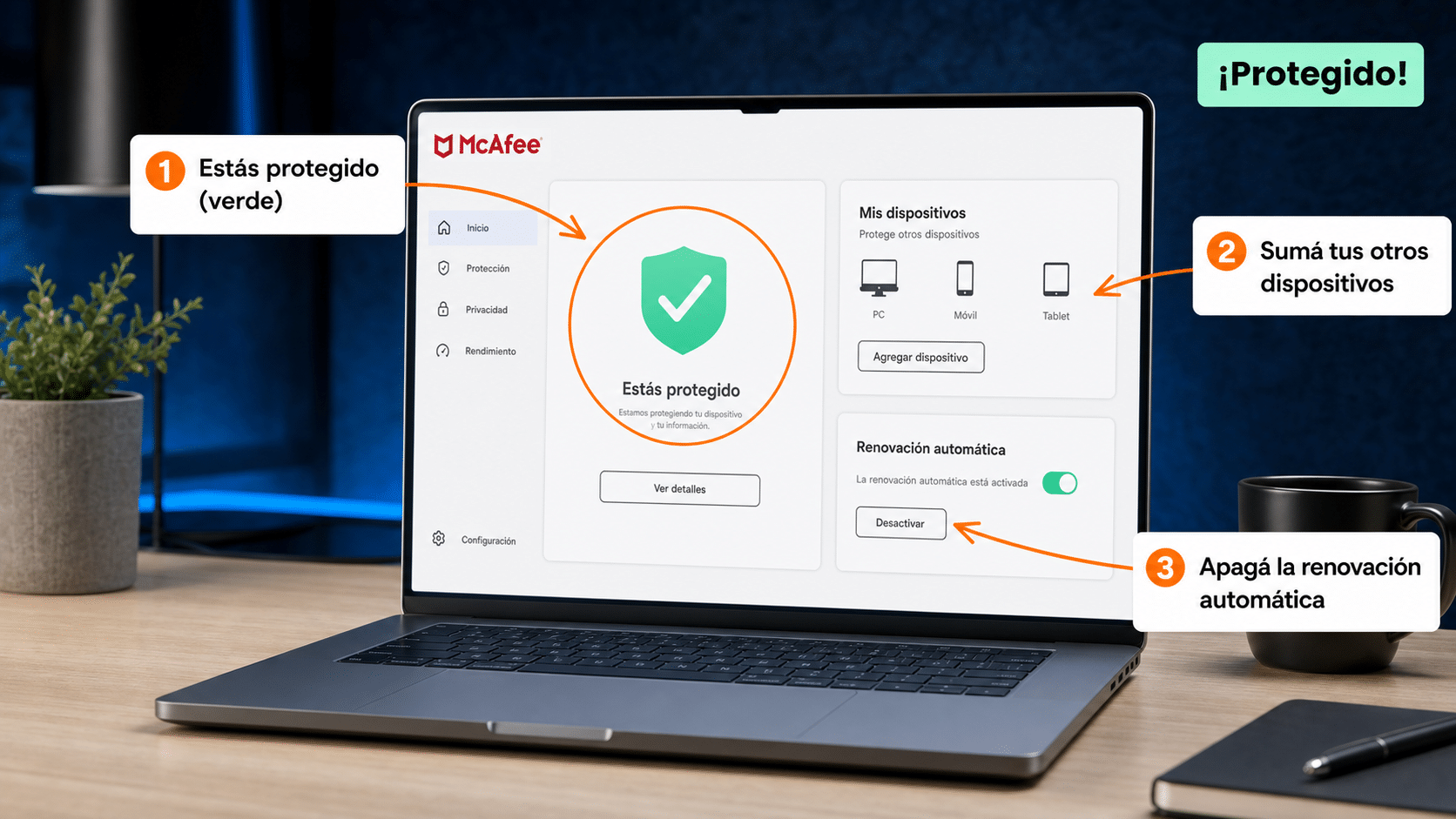Panel de McAfee mostrando el estado protegido y la configuración de renovación automática