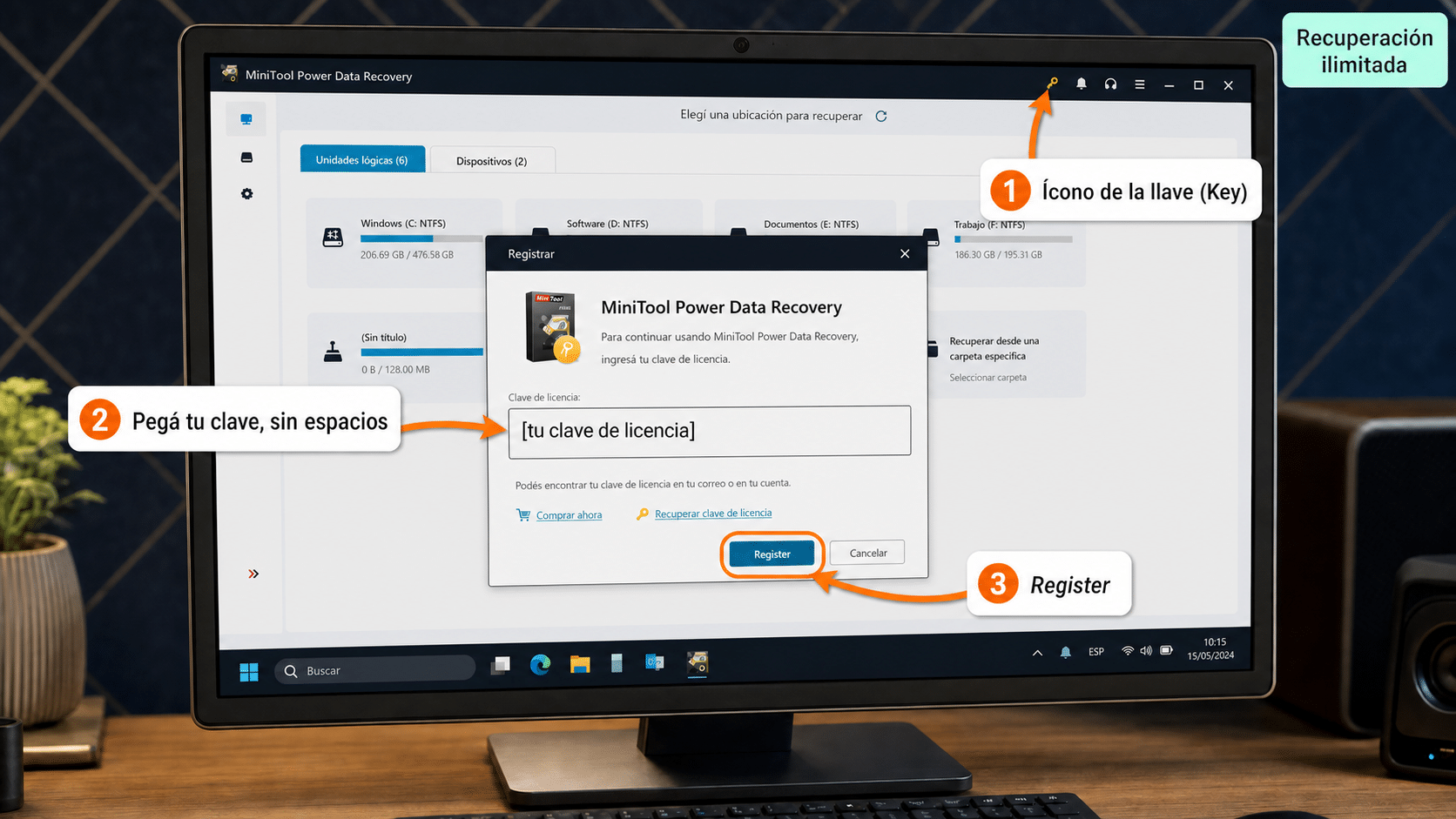 Ventana de registro de MiniTool Power Data Recovery para pegar la clave de licencia